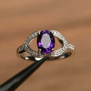 2Ct Oval Cut Simulated Amethyst Solitaire Engagement Ring 14K White Gold Over - Picture 1 of 7