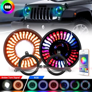 7'' APP RGB LED Headlight Halo DRL + Mount Bracket Ring for Jeep Wrangler JL 9'' - Foto 1 di 12
