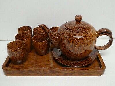 Vintage Chinese Bamboo Turned Timber Tea Set Teapot & Cups Wooden Tray Service  • 395$