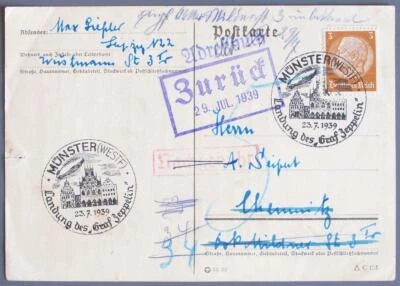 GERMANY 1939 ZEPPELIN Münster Landing PostMark on UNUSUAL Tax/Return Card LOOK - Image 1 of 2