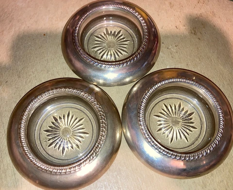 Lot Of 3 Laben Sterling Silver Starburst Crystal Ashtray Set   NO MONOGRAM Cover