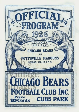 Chicago Bears Pottsville  Maroons Pro Football Program Cover Poster 1926  NFL Cover