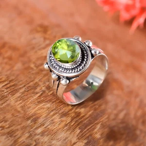 Faceted Peridot Gemstone 925 Sterling Silver Dainty Men's Ring For Husband Gift - Picture 1 of 8