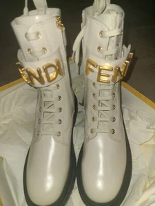 Fendi Boots Size 40, White Biker Calf Leather Boots W Gold Fendi Logo Buckle NEW - Picture 1 of 24