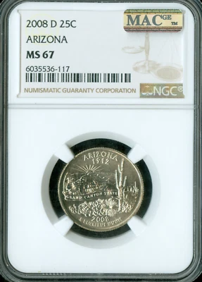 2008 D ARIZONA QUARTER NGC MS67 PQ BUSINESS STRIKE MAC SPOTLESS . - Image 1 of 2