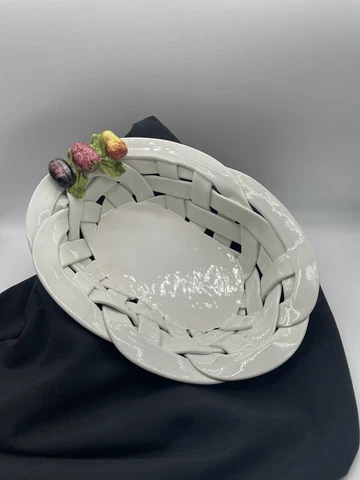 Vintage Ceramic woven bread basket, fruit accents multipurpose farmhouse style Cover