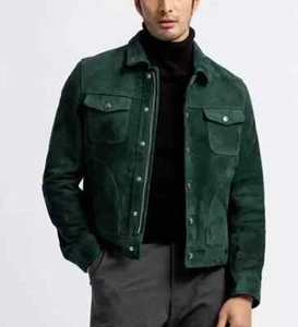 Men's Pine Green Suede Tracker Leather Jacket Party Wear Handmade Pure Lambskin - Picture 1 of 10