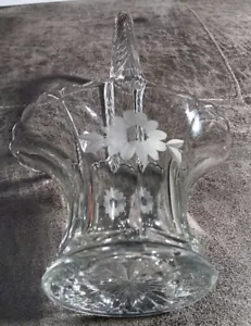 Cut Glass Basket Vase With Handle Lovely Flower Etching... 9.5" Candy Jar Vaz - Picture 1 of 8
