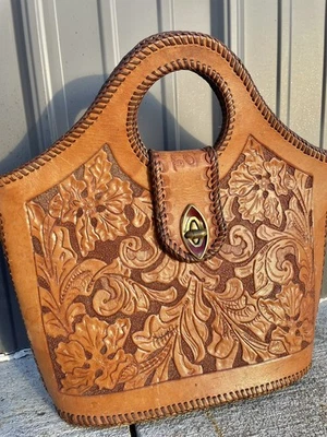 ВИНТАЖНЫЙ РУЧНОЙ РАБОТЫ ЦВЕТОЧНЫЙ ВЕСТЕРН КОЖАНАЯ СУМКА С КОРОТКИМИ РУЧКАМИ СУМОЧКИ WHIPSTITCHING NL - Изображение 1 из 4