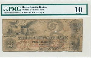 Cochituate Bank Massachusetts,Boston $3 19850s PMG 10 both handsigned signatures - Picture 1 of 2