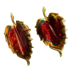 PENDIENTES PERFORADOS VINTAGE ESMALTE HOJA OTOÑO TONO ORO - Imagen 1 de 2