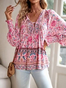 Women's Floral Boho Peasant Blouse With Long Sleeves And Tassel Tie - Picture 1 of 24