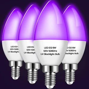 4 Stück LED Schwarzglühbirne 6W E12 Sockel Schwarzlicht Kerze Birne Glow in the Dar - Bild 1 von 7