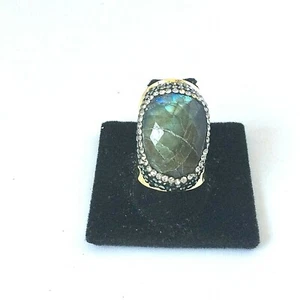 WIDE CIGAR BAND NATURAL LABRADORITE PAVE ZIRCON GOLD PLATED RING 136024 SIZE 8 - Picture 1 of 2