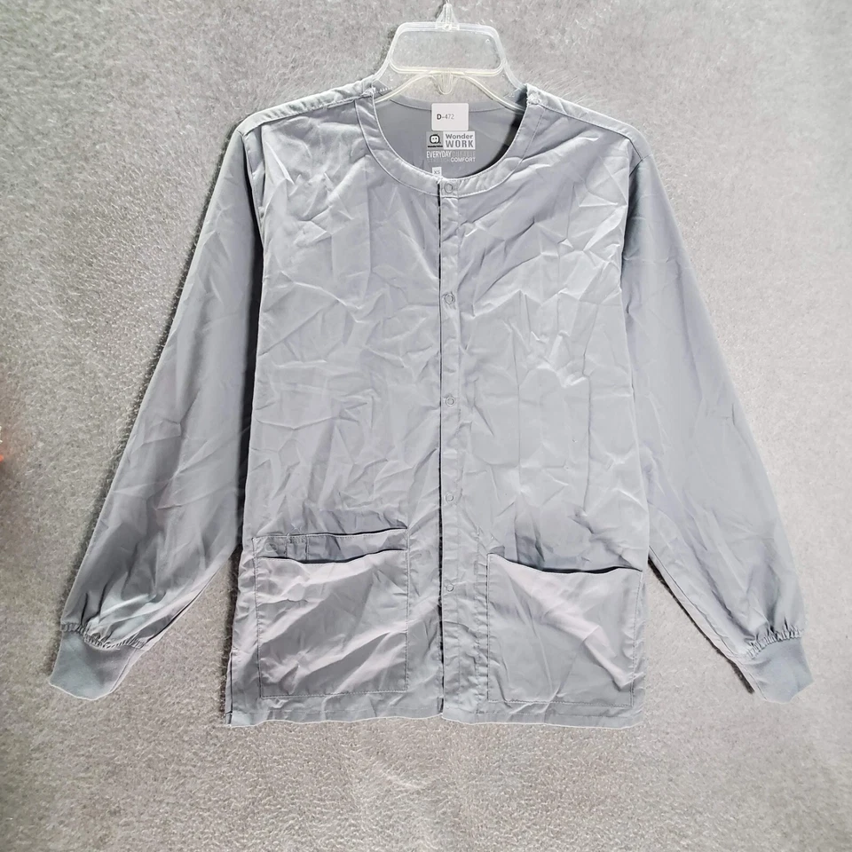 WonderWink Women Scrub Top XS Gray Wonder Work Long Sleeve Snap Button Pockets - Image 1 of 4
