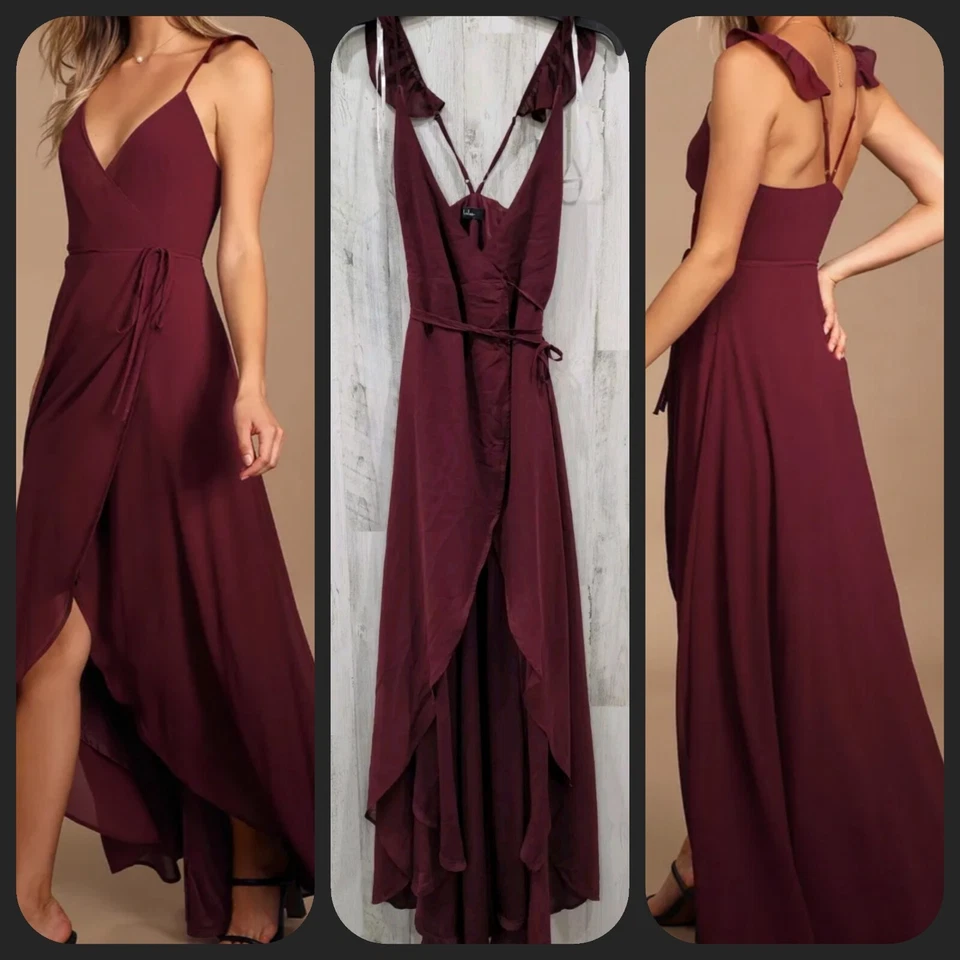 Vestido LULUS Here's to Us Borgoña Alto Bajo Envolvente Talla XS**Correas con Volantes**NUEVO SIN ETIQUETAS** Foto 1 de 4