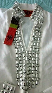 Tory Burch White Linen Silver metallic jewels Tunic Top Sz 4 NWT Rt. $450 - Picture 1 of 11