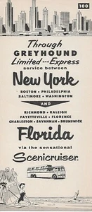 Bus Timetable - Greyhound - 100 - Through Service NY Florida Scenicruiser - 1957 - Picture 1 of 1