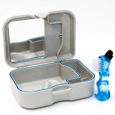 Denture Storage Case with a Mirror & Brush ~ Dental Retainer Box, Cleaning Bath