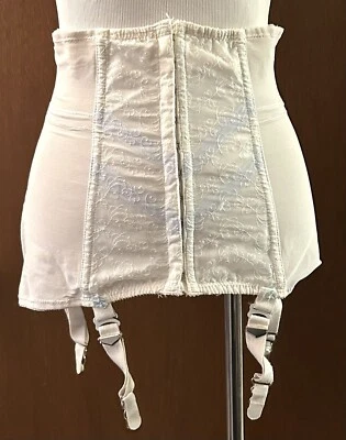 Vtg 50s 60s White & Blue Embroidered Open Bottom Rubber Girdle Waist Clincher - Image 1 of 4