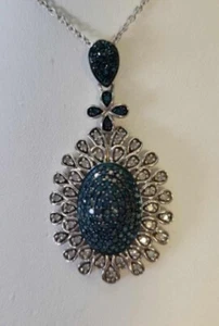 Sterling Silver Blue and Colorless Diamond Floral Pendant Necklace .75 TCW - Picture 1 of 9