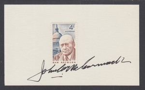 John W. McCormack, Speaker of US House of Representatives, signed card w stamp