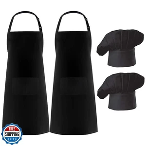 Hyzrz 2 Pack Chef Apron Hat Set, Adjustable Bib Cooking Aprons Water Drop Res - Picture 1 of 1