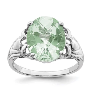 Sterling Silver Rhodium Oval Checker-Cut Green Quartz Ring Size 7 for Women - Picture 1 of 5