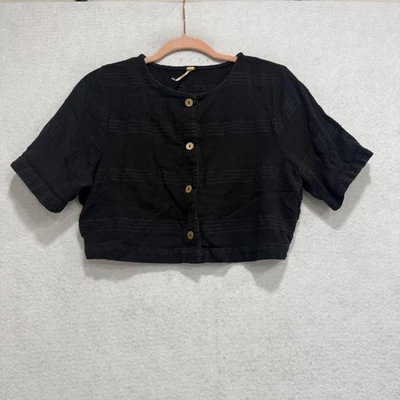 Camisa Free People Mujer Grande Negra Mezcla de Lino Recortada Botón Frontal Boho Top Foto 1 de 4
