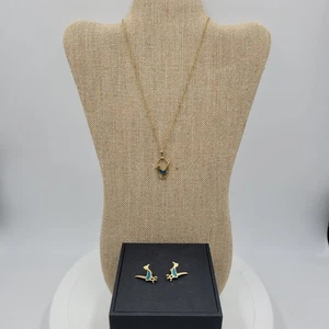 Vintage Road Runner Pendant Necklace Earrings Set Turquoise Gold Tone Bird - Picture 1 of 17