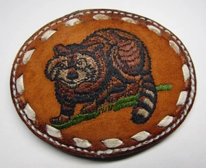 Vintage 1980's Embroidered Leather *Racoon* Belt Buckle - Picture 1 of 12