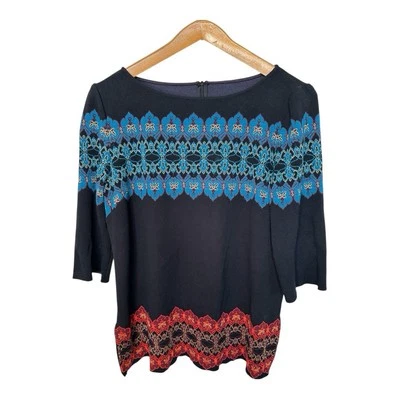 St. John Moroccan Knit Sweater Size Large Black Blue Gold Metallic Wool Blend - Image 1 of 4