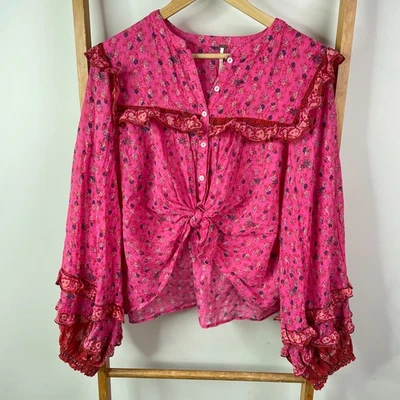 Blusa Top Free People Jenna Mujer Rosa Mediana Floral Volantes Manga Larga Foto 1 de 4