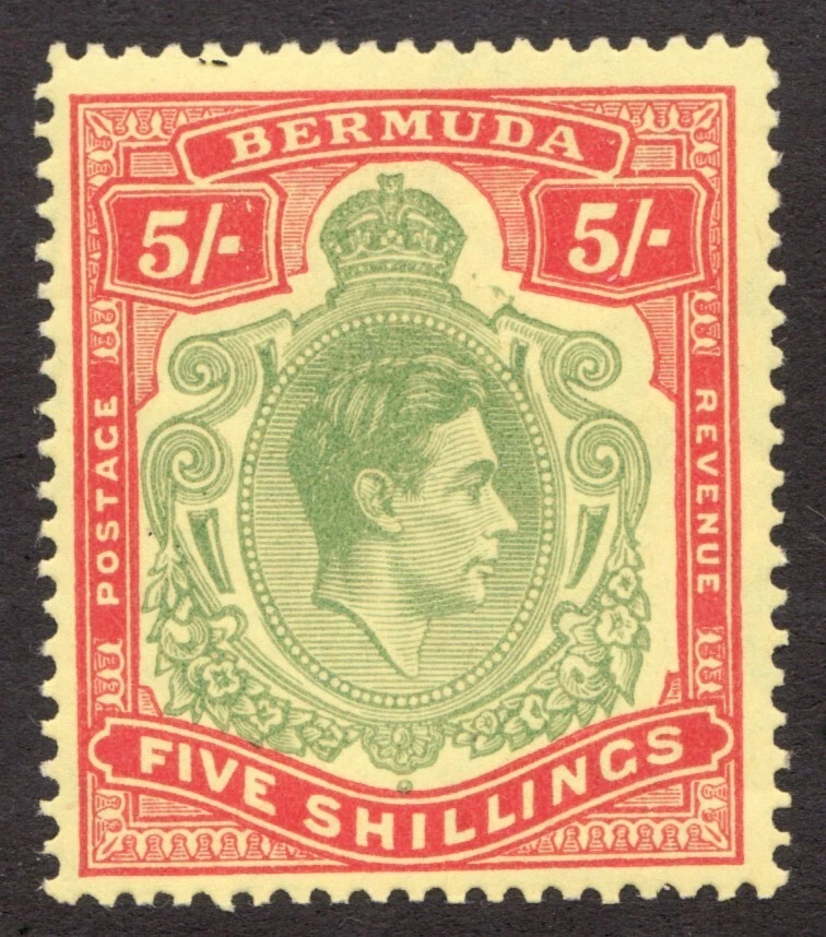 Bermuda Sc# 125 pf13 1938-51 - Cinco chelines, KGVI, placa clave. MH $17 Foto 1 de 1