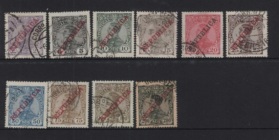 F114-25 1910 Portugal part set10stamps King Manoel O/P REPUBLICA2 1/2R to 200R(Y — 第 1/1 张图片
