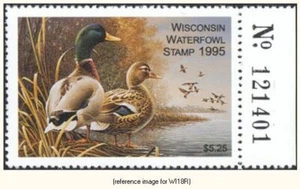 Estampilla de pato D2K de Wisconsin 1995 $5.25 con pestaña derecha - Imagen 1 de 1