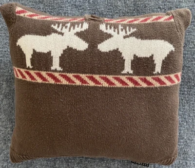 Moose Sweater Pillow Knit Brown Red Rectangle Upcycled by Refabricated Elements - Image 1 of 4