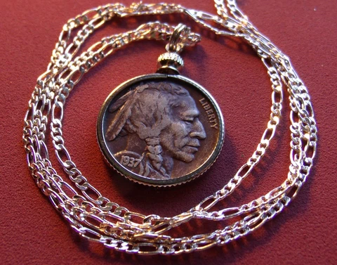 1937 Classic Antique finish Buffalo Nickel Pendant on a 26" 925 Silver Chain Cover