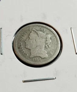 1866 3c Liberty Three Cent Nickel Coin VG Light Struck Thru Through Grease Error - Picture 1 of 4