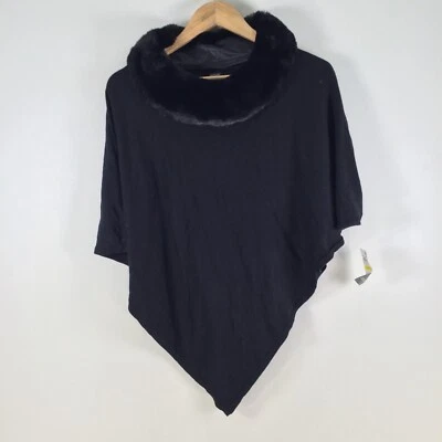NEW Alfani poncho top one size womesn black faux fur neckline 103396 — 第 1/4 张图片