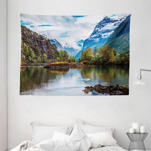 Nature Tapestry Snowy Norway Mountains Print Wall Hanging Decor 80Wx60L Inches - Picture 1 of 1
