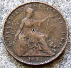 GREAT BRITAIN GEORGE IV 1822 FARTHING Seated Britannia, COPPER km# 677 - Picture 1 of 6