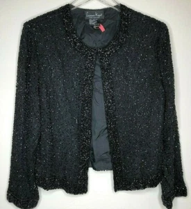 Giacca cardigan vintage Laurence Kazar taglia Med busto 38" nero seta perline aperto davanti - Foto 1 di 12