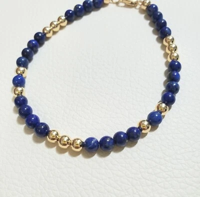 14k Solid Yellow or Rose Gold 4mm Lapis Bead Bracelet - Image 1 of 4