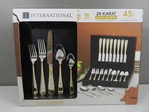 45-teiliges Set International Gold Buckingham Besteck & Mahagoni Truhe - Bild 1 von 7