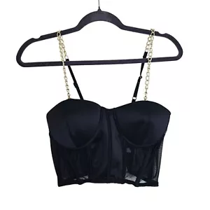 Black Chain-Strap Bustier Top With Mesh & Gold Zipper Accent - Picture 1 of 7
