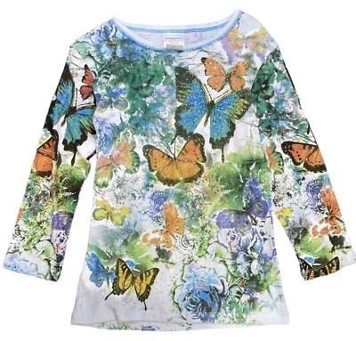 Womens Small Butterfly Top Morning Sun with Gems Stretchy Shirt w/Butterflies - Image 1 of 2
