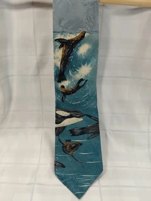 Vtg Wembley Endangered Species Tie 100% Silk Orca Marine Life Blue Ocean - Image 1 of 3