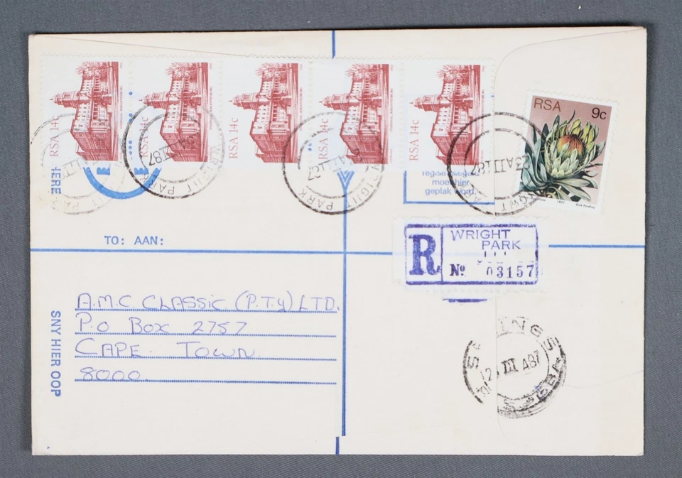 Carta de registro de MayfairStamps Sudáfrica 1987 Wright Park a Ciudad del Cabo aau Foto 1 de 2