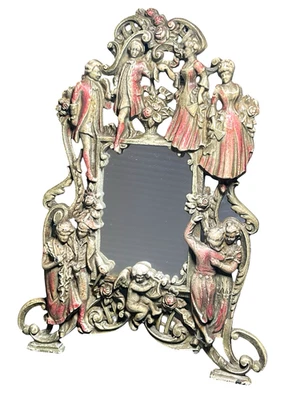 RARO Antiguo Victoriano Hierro Fundido Rosa Esmaltado Resaltos Tocador Espejo Marco Foto 1 de 3